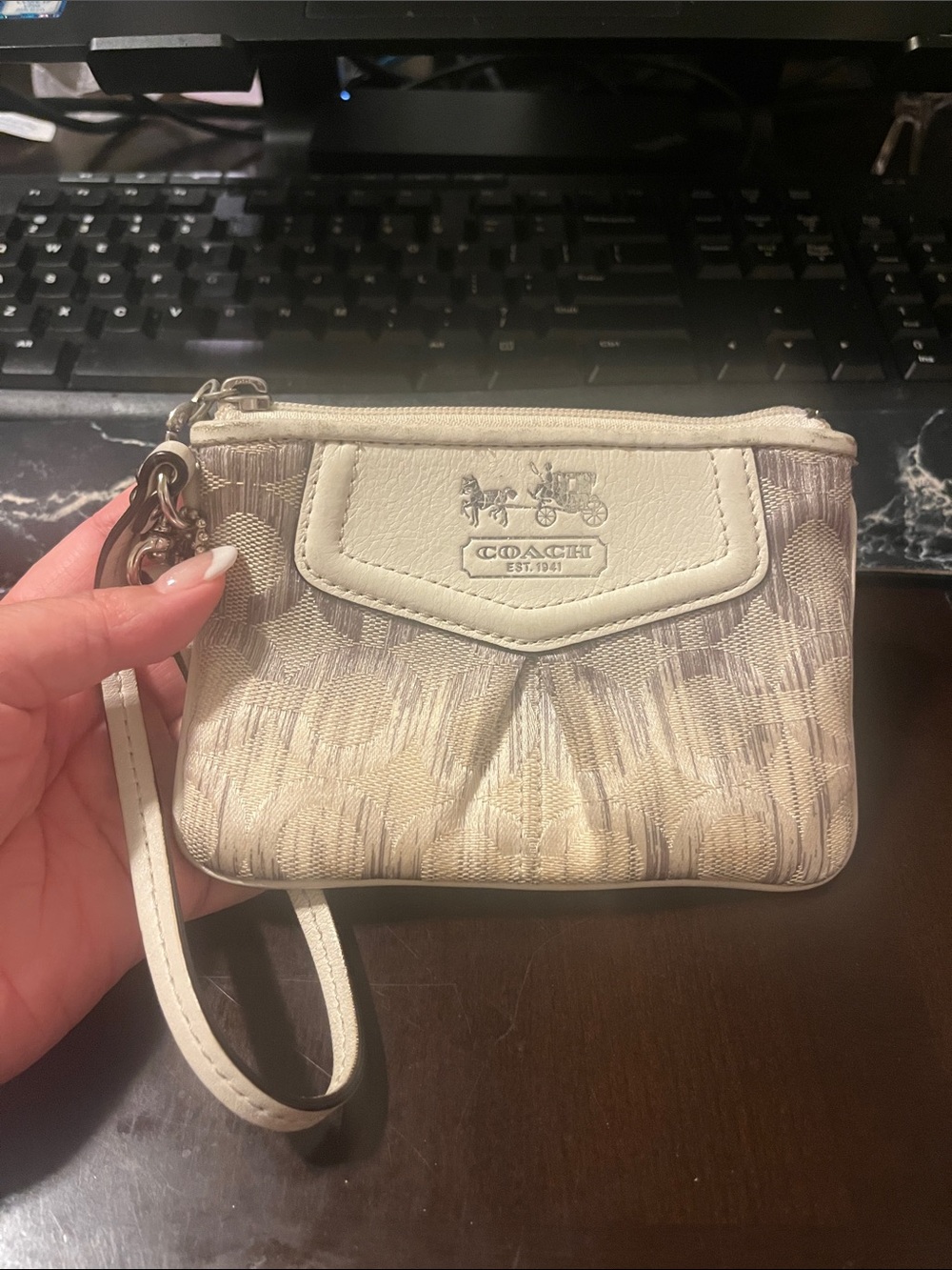 Coach Ivory Signature Wristlet with Leather Trim in Ombré White and purple grey